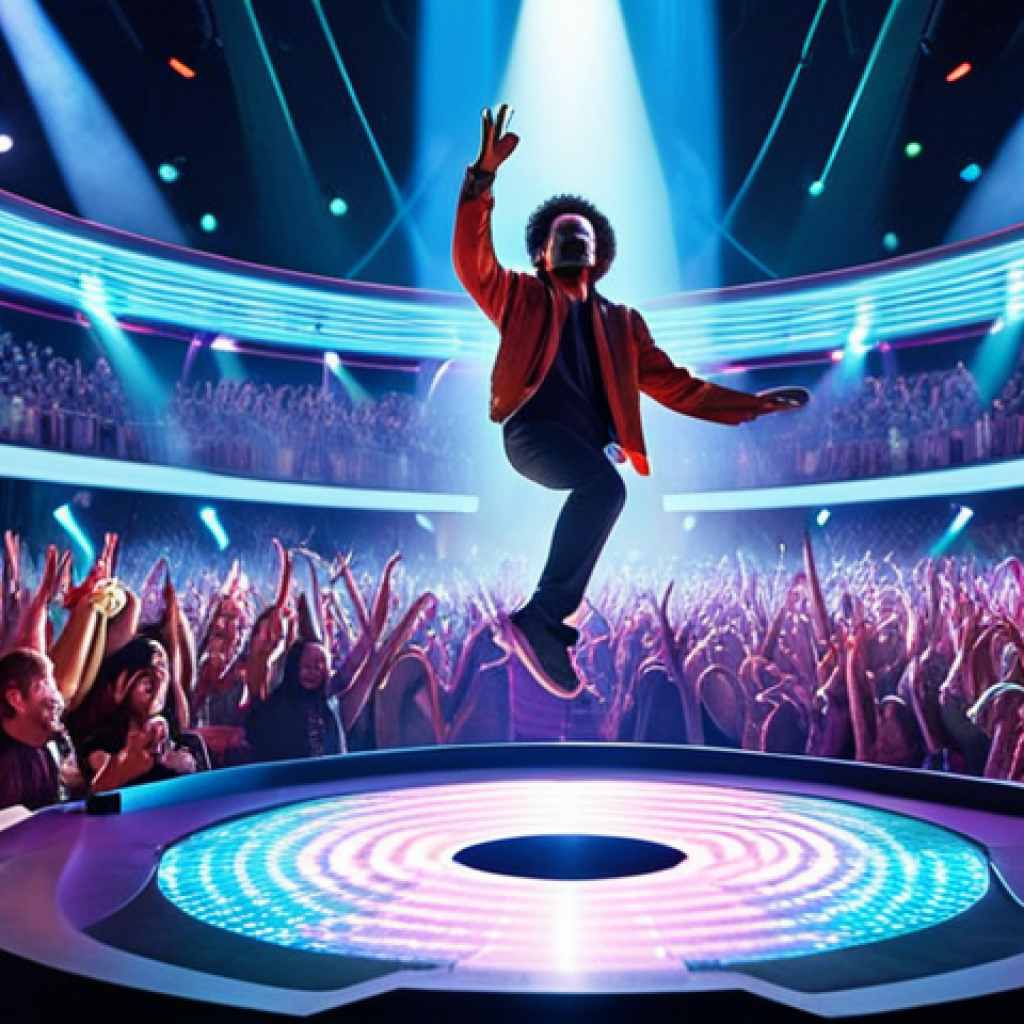 **

A vibrant, holographic image of a legendary musician performing on a futuristic stage, levitating above a cheering crowd. The crowd is diverse, representing multiple generations, all captivated by the performance. Capture the energy of a live concert with dynamic lighting and surreal visual effects. Include social media icons subtly overlaid on the image, suggesting user-generated content and shared experiences. The overall feeling should be one of excitement and nostalgia, blended with cutting-edge technology.

**