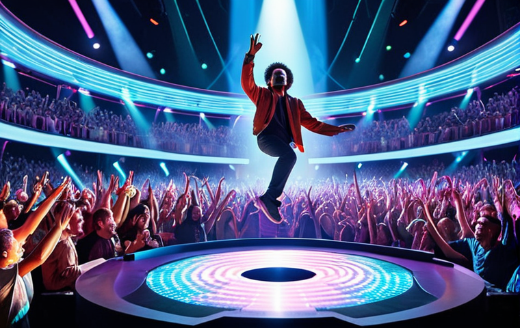 **
A vibrant, holographic image of a legendary musician performing on a futuristic stage, levitating above a cheering crowd. The crowd is diverse, representing multiple generations, all captivated by the performance. Capture the energy of a live concert with dynamic lighting and surreal visual effects. Include social media icons subtly overlaid on the image, suggesting user-generated content and shared experiences. The overall feeling should be one of excitement and nostalgia, blended with cutting-edge technology.
**