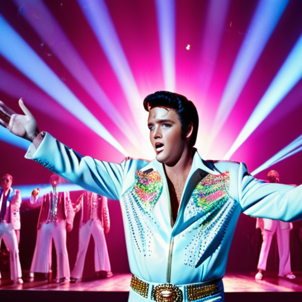 A dazzling holographic performance featuring a resurrected Elvis Presley on stage, bathed in vibrant lights and surrounded by cheering fans. High-powered projectors create a realistic 3D image, blurring the line between reality and digital entertainment.