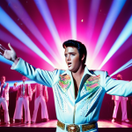 A dazzling holographic performance featuring a resurrected Elvis Presley on stage, bathed in vibrant lights and surrounded by cheering fans. High-powered projectors create a realistic 3D image, blurring the line between reality and digital entertainment.