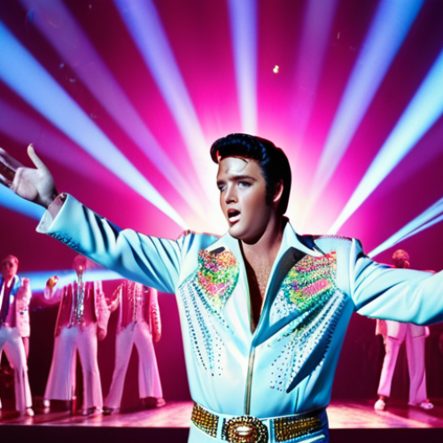 Home 22 A dazzling holographic performance featuring a resurrected Elvis Presley on stage, bathed in vibrant lights and surrounded by cheering fans. High-powered projectors create a realistic 3D image, blurring the line between reality and digital entertainment.