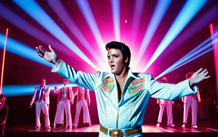 A dazzling holographic performance featuring a resurrected Elvis Presley on stage, bathed in vibrant lights and surrounded by cheering fans. High-powered projectors create a realistic 3D image, blurring the line between reality and digital entertainment.