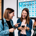 **

A diverse group of friends laughing and pointing at a venue map on their phones before a hologram concert. The map highlights emergency exits and first aid stations. They are dressed in comfortable clothing and crossbody bags. The overall tone is excitement and preparedness.

**