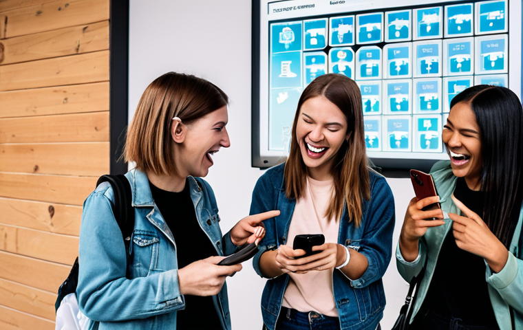 **

A diverse group of friends laughing and pointing at a venue map on their phones before a hologram concert. The map highlights emergency exits and first aid stations. They are dressed in comfortable clothing and crossbody bags. The overall tone is excitement and preparedness.

**