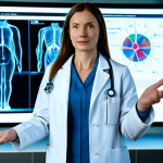 A professional female scientist, fully clothed in a modest lab coat over a business casual top and trousers, stands with perfect anatomy and natural pose, subtly gesturing towards a vibrant, highly detailed holographic projection of the human circulatory system. The scene is a clean, modern medical research laboratory with soft ambient lighting and advanced equipment. The hologram is translucent and glowing, showcasing intricate details with true 3D depth and realism. Professional photography, high detail, sharp focus, volumetric light, advanced technology, correct proportions, well-formed hands. Appropriate attire, professional dress, safe for work, appropriate content, family-friendly.