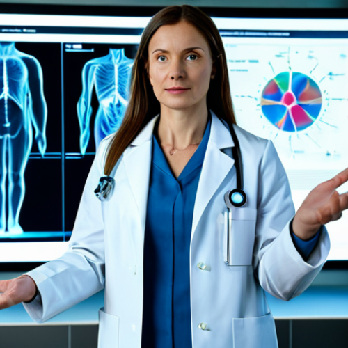 Home 20 A professional female scientist, fully clothed in a modest lab coat over a business casual top and trousers, stands with perfect anatomy and natural pose, subtly gesturing towards a vibrant, highly detailed holographic projection of the human circulatory system. The scene is a clean, modern medical research laboratory with soft ambient lighting and advanced equipment. The hologram is translucent and glowing, showcasing intricate details with true 3D depth and realism. Professional photography, high detail, sharp focus, volumetric light, advanced technology, correct proportions, well-formed hands. Appropriate attire, professional dress, safe for work, appropriate content, family-friendly.