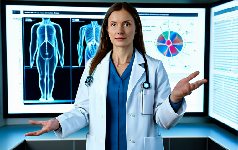 A professional female scientist, fully clothed in a modest lab coat over a business casual top and trousers, stands with perfect anatomy and natural pose, subtly gesturing towards a vibrant, highly detailed holographic projection of the human circulatory system. The scene is a clean, modern medical research laboratory with soft ambient lighting and advanced equipment. The hologram is translucent and glowing, showcasing intricate details with true 3D depth and realism. Professional photography, high detail, sharp focus, volumetric light, advanced technology, correct proportions, well-formed hands. Appropriate attire, professional dress, safe for work, appropriate content, family-friendly.