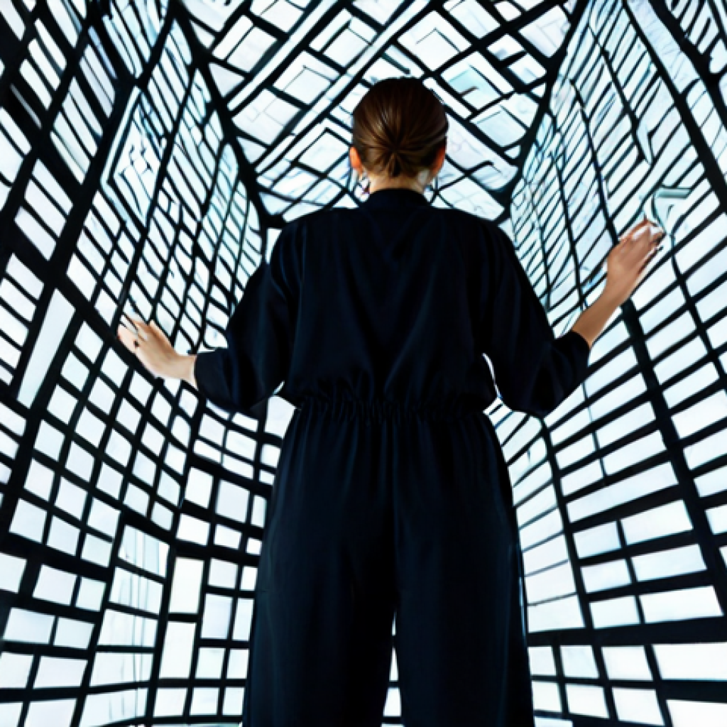 A professional female projection artist, wearing a modest, dark jumpsuit, stands in a brightly lit modern art gallery, meticulously adjusting equipment for an intricate projection mapping display. Complex geometric patterns of vibrant light transform a large, irregular wall surface into a dynamic digital artwork. High-resolution laser projectors are visible on stands. The scene emphasizes precision and cutting-edge technology. Fully clothed, appropriate attire, safe for work, perfect anatomy, correct proportions, natural pose, professional photography, high quality, family-friendly, well-formed hands, proper finger count, natural body proportions, appropriate content.