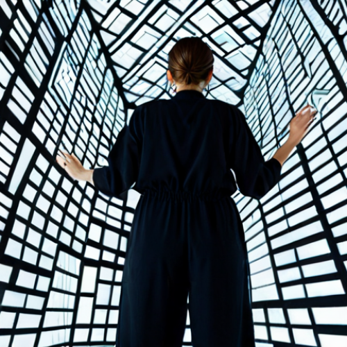 Home 9 A professional female projection artist, wearing a modest, dark jumpsuit, stands in a brightly lit modern art gallery, meticulously adjusting equipment for an intricate projection mapping display. Complex geometric patterns of vibrant light transform a large, irregular wall surface into a dynamic digital artwork. High-resolution laser projectors are visible on stands. The scene emphasizes precision and cutting-edge technology. Fully clothed, appropriate attire, safe for work, perfect anatomy, correct proportions, natural pose, professional photography, high quality, family-friendly, well-formed hands, proper finger count, natural body proportions, appropriate content.