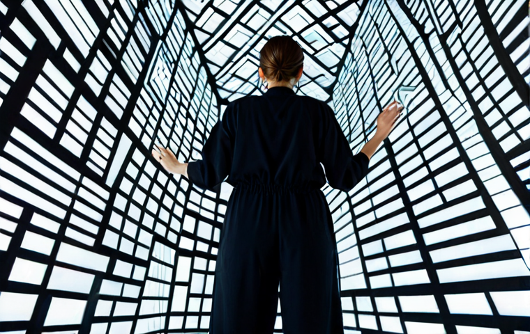 A professional female projection artist, wearing a modest, dark jumpsuit, stands in a brightly lit modern art gallery, meticulously adjusting equipment for an intricate projection mapping display. Complex geometric patterns of vibrant light transform a large, irregular wall surface into a dynamic digital artwork. High-resolution laser projectors are visible on stands. The scene emphasizes precision and cutting-edge technology. Fully clothed, appropriate attire, safe for work, perfect anatomy, correct proportions, natural pose, professional photography, high quality, family-friendly, well-formed hands, proper finger count, natural body proportions, appropriate content.