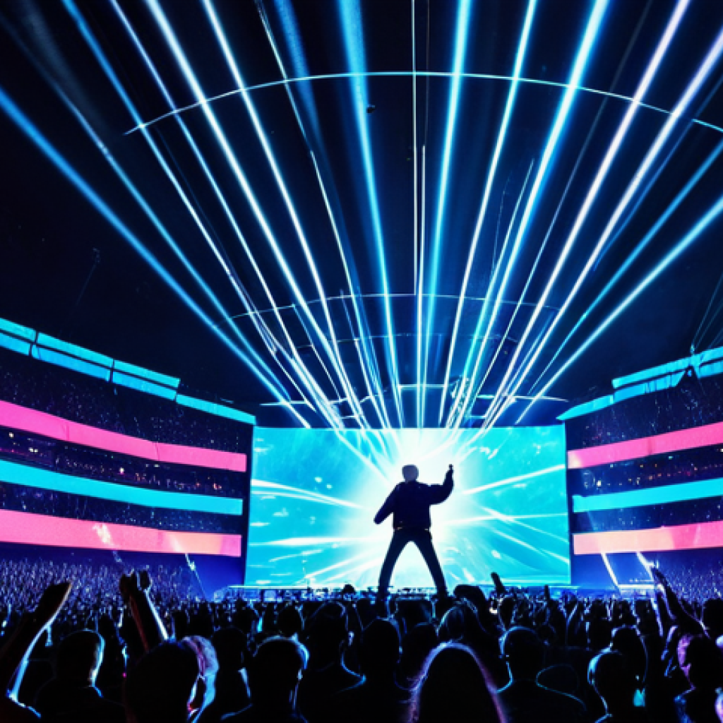 Immersive Hologram Concert Experience**
"A packed stadium filled with cheering fans silhouetted against a vibrant holographic pop star performing on a brightly lit stage, incorporating dynamic lighting, lasers, and AR effects displayed on audience members' phones, creating a visually stunning and interactive experience, fully clothed, appropriate attire, safe for work, perfect anatomy, natural proportions, professional photography, high quality, concert photography."
**