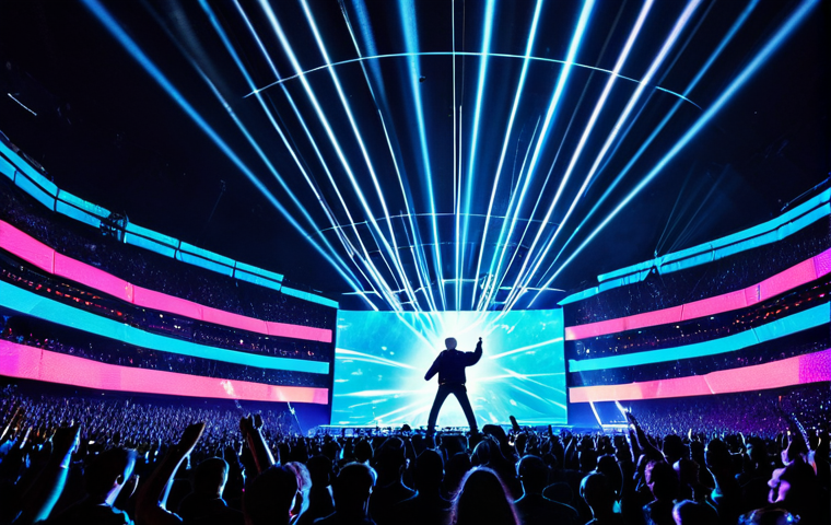 Immersive Hologram Concert Experience**
"A packed stadium filled with cheering fans silhouetted against a vibrant holographic pop star performing on a brightly lit stage, incorporating dynamic lighting, lasers, and AR effects displayed on audience members' phones, creating a visually stunning and interactive experience, fully clothed, appropriate attire, safe for work, perfect anatomy, natural proportions, professional photography, high quality, concert photography."
**