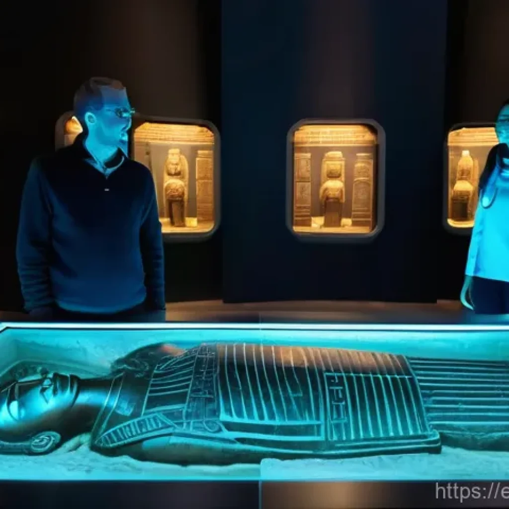 홀로그램 기술을 통한 문화 콘텐츠 혁신 - **Holographic Ancient Sarcophagus in a Museum**
A hyper-realistic 3D holographic projection of a...