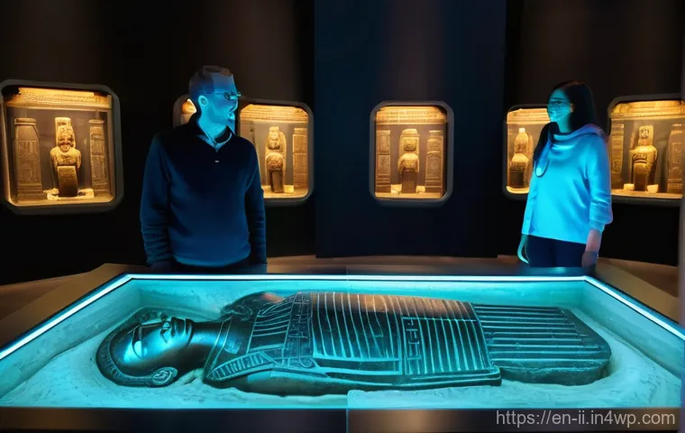 홀로그램 기술을 통한 문화 콘텐츠 혁신 - **Holographic Ancient Sarcophagus in a Museum**
A hyper-realistic 3D holographic projection of a...