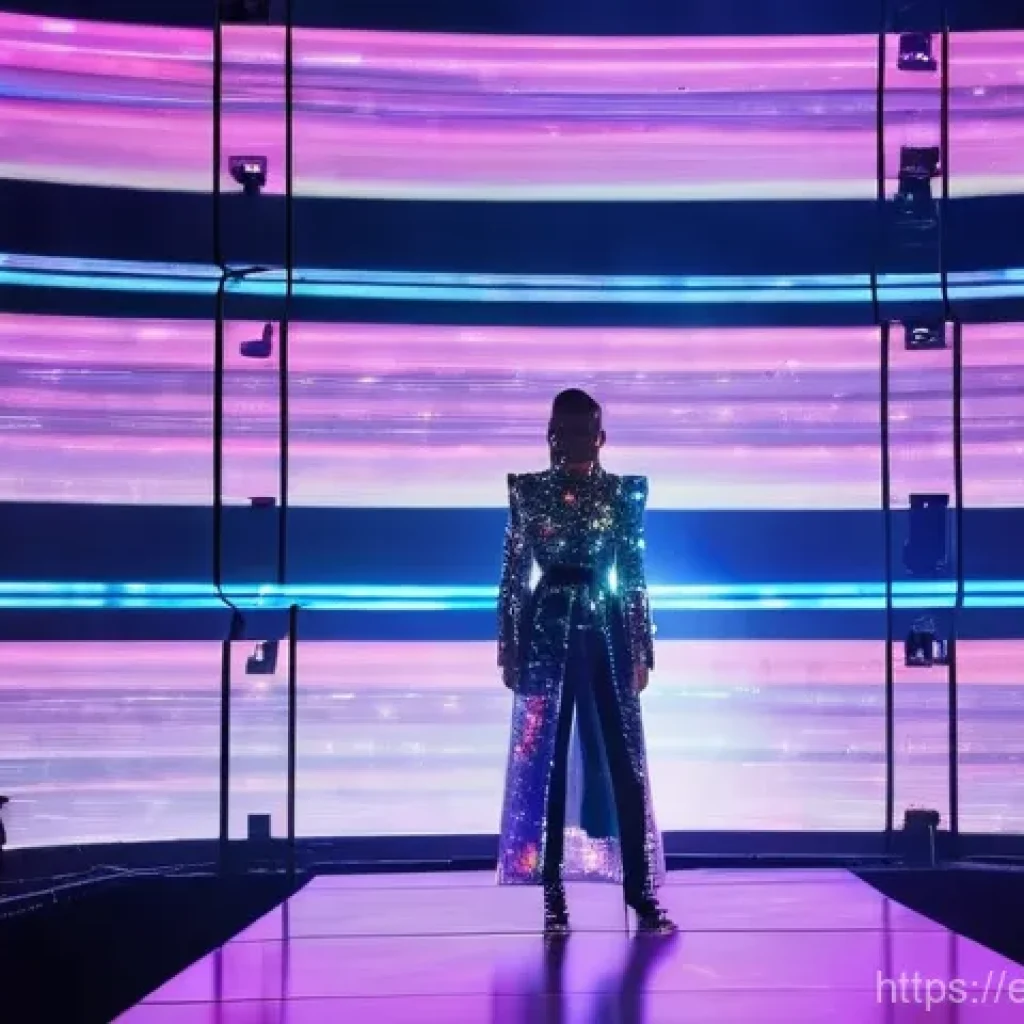 홀로그램 공연을 위한 기술적 요구사항 - **A mesmerizing holographic pop star performing on a grand, futuristic concert stage.** The stage fe...