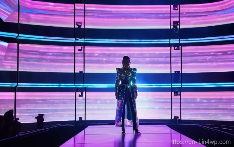 홀로그램 공연을 위한 기술적 요구사항 - **A mesmerizing holographic pop star performing on a grand, futuristic concert stage.** The stage fe...