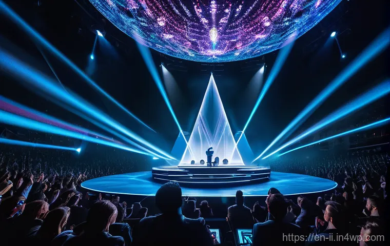 홀로그램 공연을 위한 기술적 요구사항 - **Inside a cutting-edge holographic content creation studio, showcasing the technical mastery behind...