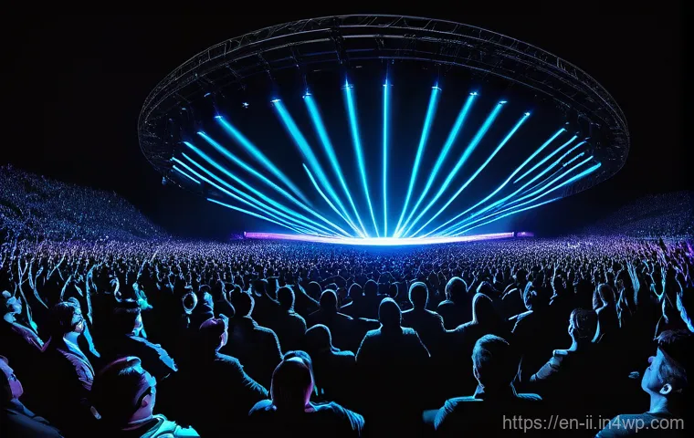 홀로그램 공연의 관객 피드백 활용 방안 - **Audience as Co-Creators: A Symphony of Light and Sound**
A vibrant, diverse crowd in a massive...