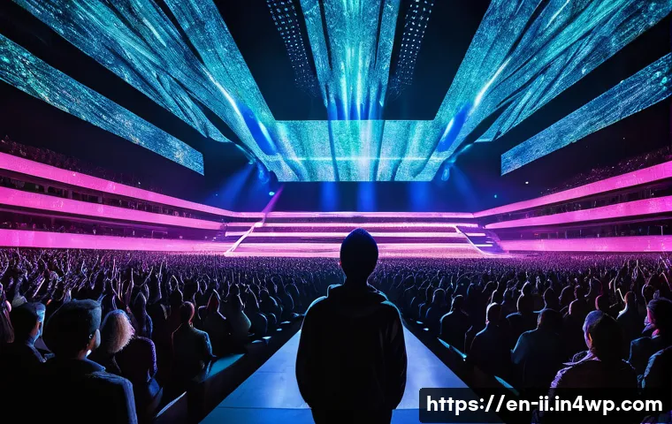 홀로그램 공연을 위한 크리에이티브 디자인 팁 - **Prompt 1: Grand Holographic Concert Experience**
A breathtaking, wide-angle shot of a massive ...