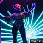 Home 21 홀로그램 공연의 시청각 효과 분석 - **Prompt:** "A vibrant, futuristic concert stage bathed in dynamic neon lights. A solo female singer...