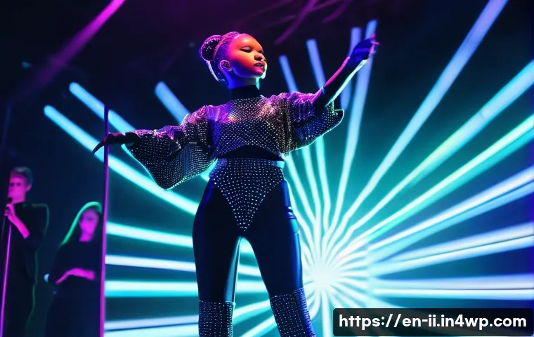 홀로그램 공연의 시청각 효과 분석 - **Prompt:** "A vibrant, futuristic concert stage bathed in dynamic neon lights. A solo female singer...