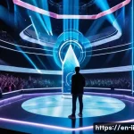 Home 20 최신 홀로그램 공연 기술 트렌드 - A futuristic concert scene featuring an interactive holographic performer projected on a transparent...
