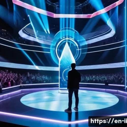 Home 32 최신 홀로그램 공연 기술 트렌드 - A futuristic concert scene featuring an interactive holographic performer projected on a transparent...