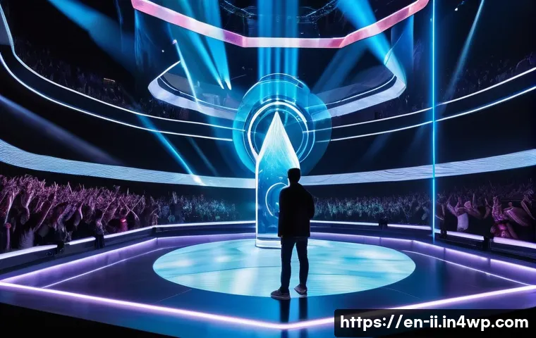 최신 홀로그램 공연 기술 트렌드 - A futuristic concert scene featuring an interactive holographic performer projected on a transparent...