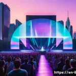 Home 19 홀로그램 공연의 혁신적 아이디어 모색 - A futuristic concert scene featuring a holographic pop star performing on a large outdoor festival s...