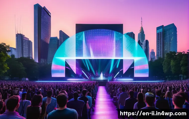 홀로그램 공연의 혁신적 아이디어 모색 - A futuristic concert scene featuring a holographic pop star performing on a large outdoor festival s...