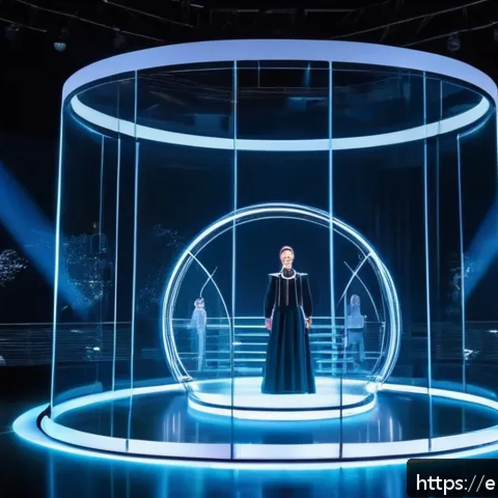 홀로그램 공연의 아트 디렉팅 방법 - A futuristic hologram stage show featuring a diverse cast of performers in sleek, modern costumes wi...