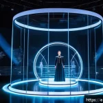 Home 18 홀로그램 공연의 아트 디렉팅 방법 - A futuristic hologram stage show featuring a diverse cast of performers in sleek, modern costumes wi...