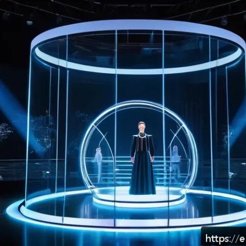 Home 30 홀로그램 공연의 아트 디렉팅 방법 - A futuristic hologram stage show featuring a diverse cast of performers in sleek, modern costumes wi...