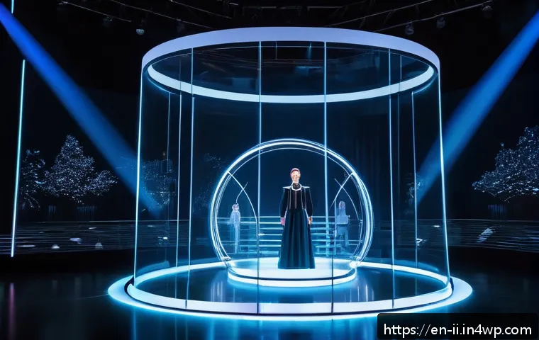 홀로그램 공연의 아트 디렉팅 방법 - A futuristic hologram stage show featuring a diverse cast of performers in sleek, modern costumes wi...