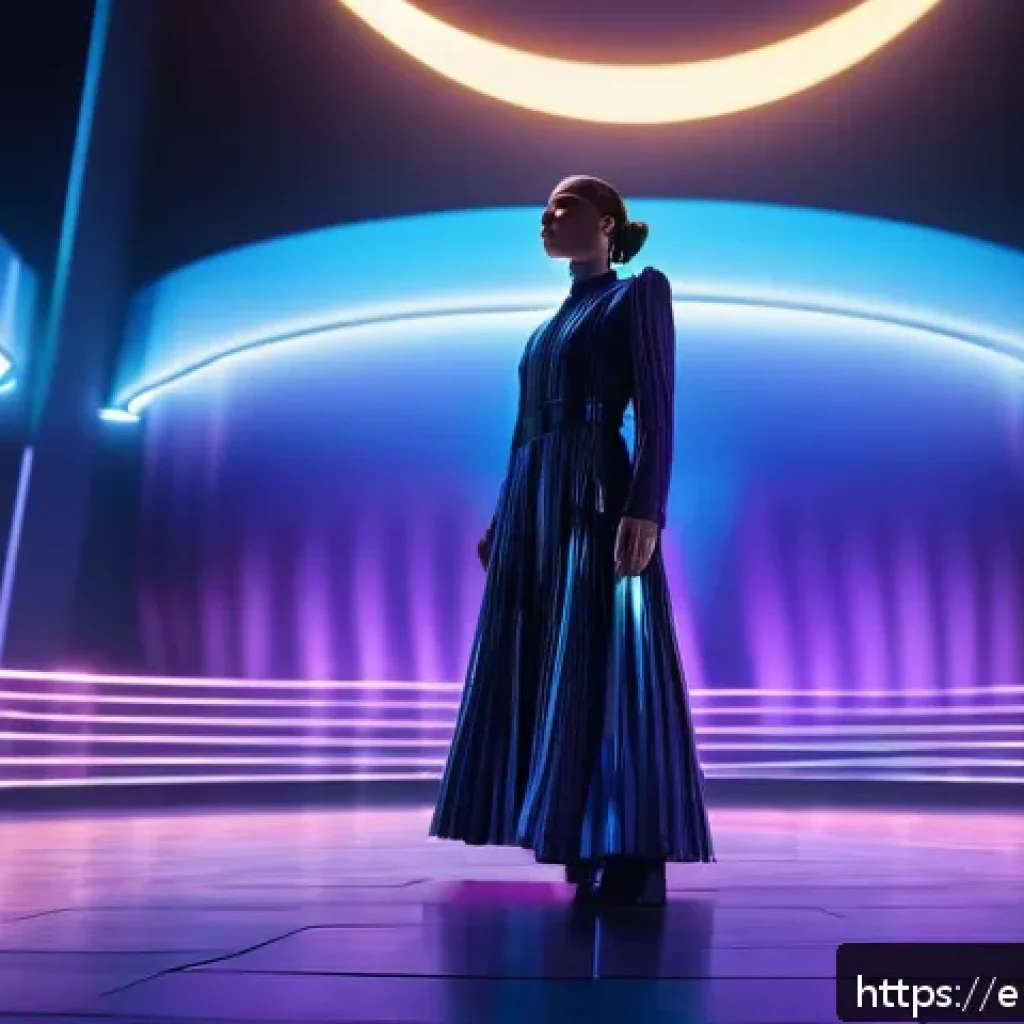 홀로그램 공연에서의 스토리텔링 기법 - A holographic concert stage bathed in dynamic lighting, featuring a female digital performer dressed...