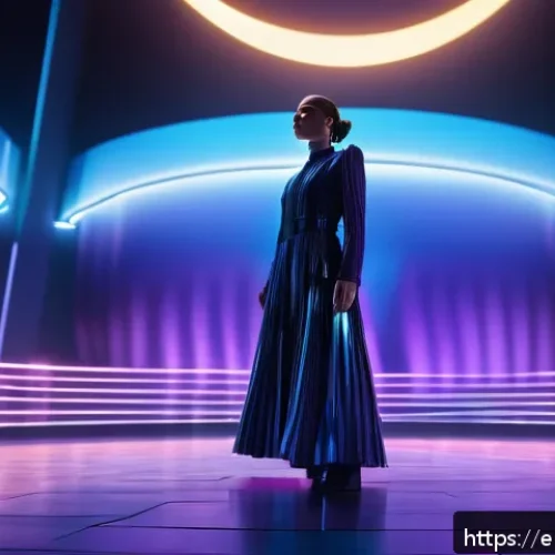 Home 17 홀로그램 공연에서의 스토리텔링 기법 - A holographic concert stage bathed in dynamic lighting, featuring a female digital performer dressed...