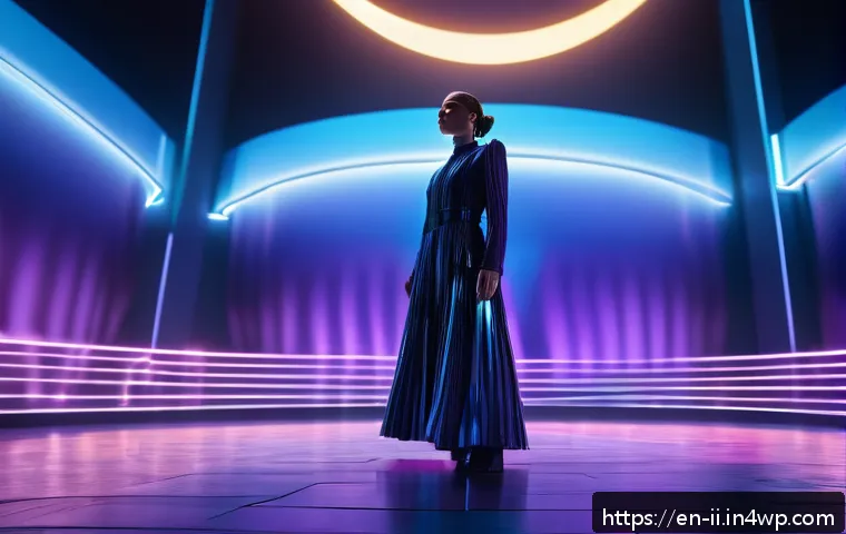 홀로그램 공연에서의 스토리텔링 기법 - A holographic concert stage bathed in dynamic lighting, featuring a female digital performer dressed...