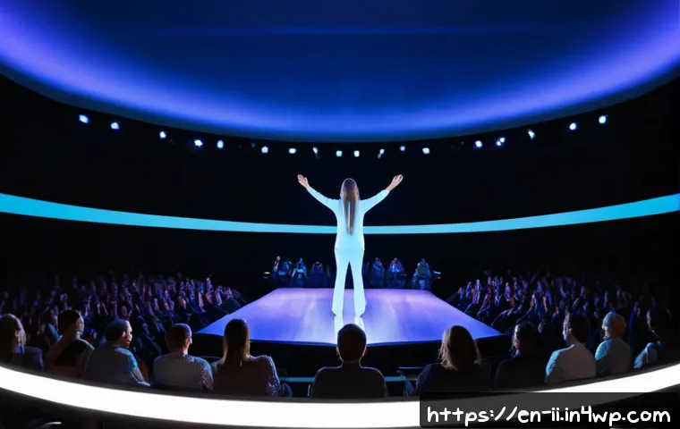 Home 17 홀로그램 공연의 성공 요소 분석 - Photorealistic wide-angle view of a successful hologram concert in a modern indoor theater, luminous...