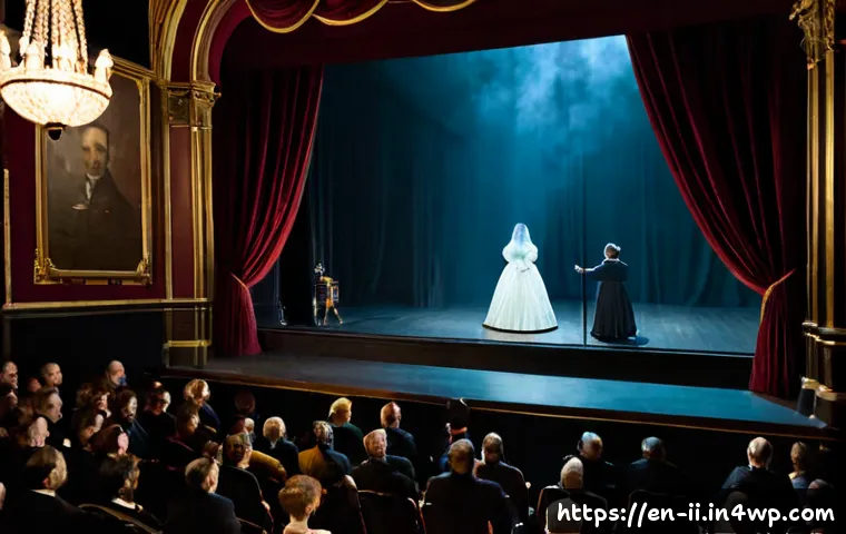 Home 30 홀로그램 공연 기술의 역사적 배경 - Photorealistic 19th-century Victorian theater interior during an early illusion performance, elegant...