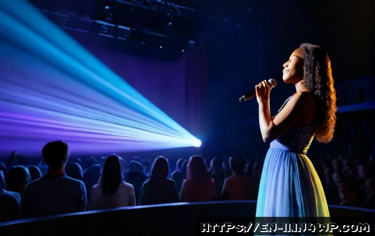 Home 17 홀로그램 공연에서의 감정 전달 기법 - Photorealistic concert scene, a luminous holographic singer on a dark theater stage expressing heart...